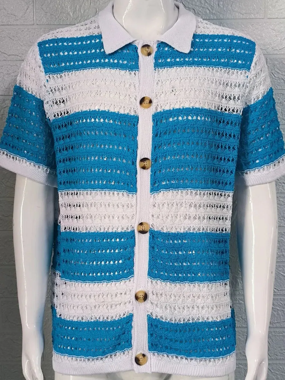 Men's Button Down Collared Neck Contrast Openwork Shirt sold by Gigi Laurent product image thumbnail 4