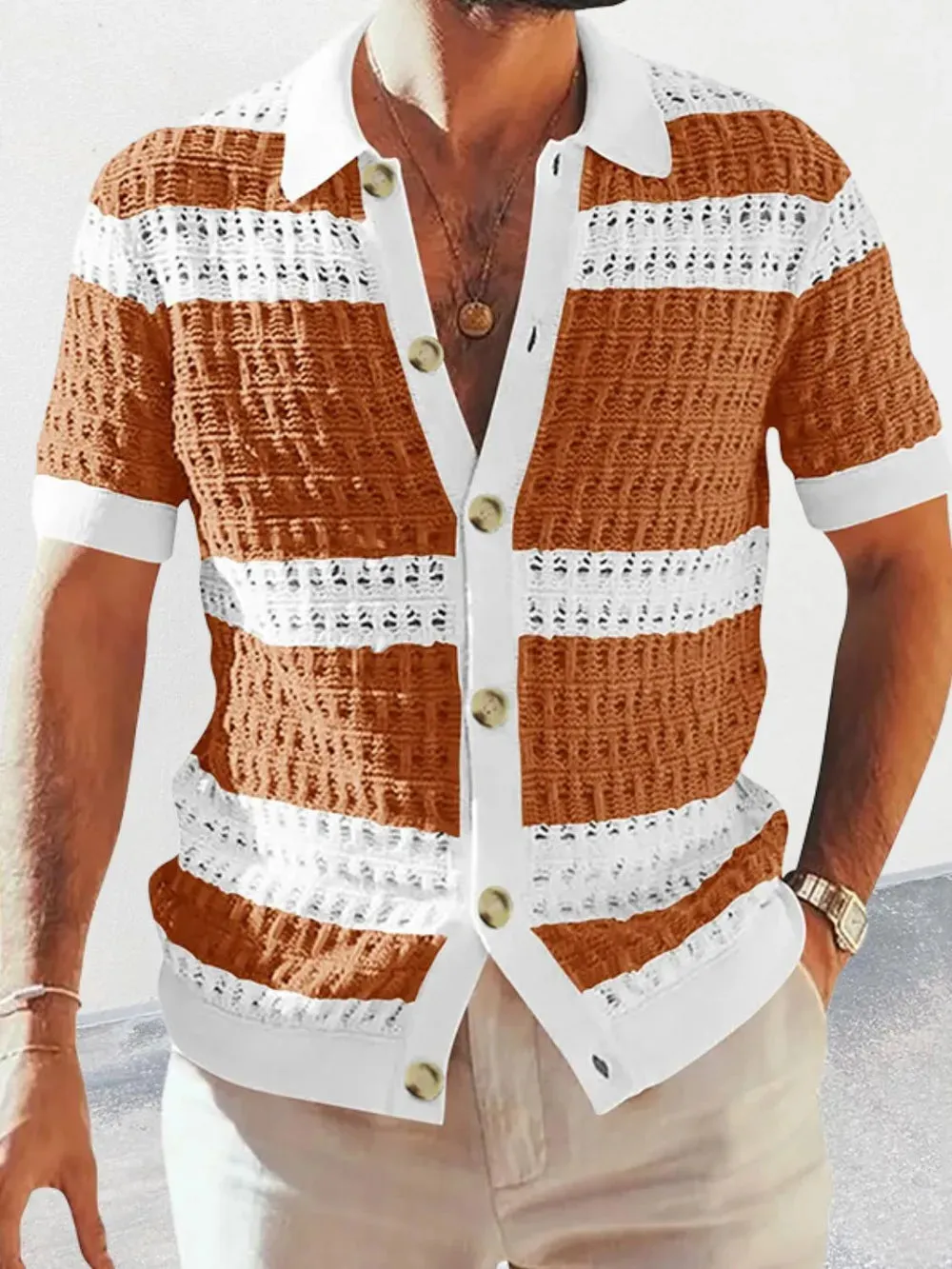 Men's Button Down Collared Neck Contrast Openwork Shirt sold by Gigi Laurent product image thumbnail 5