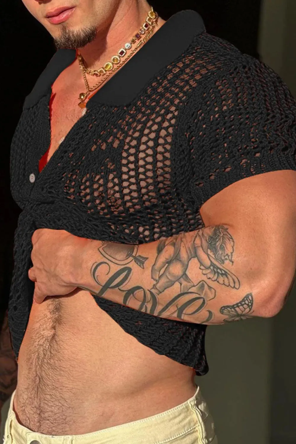 Men's Full Size Openwork Short Sleeve Polo Plus Size sold by Gigi Laurent