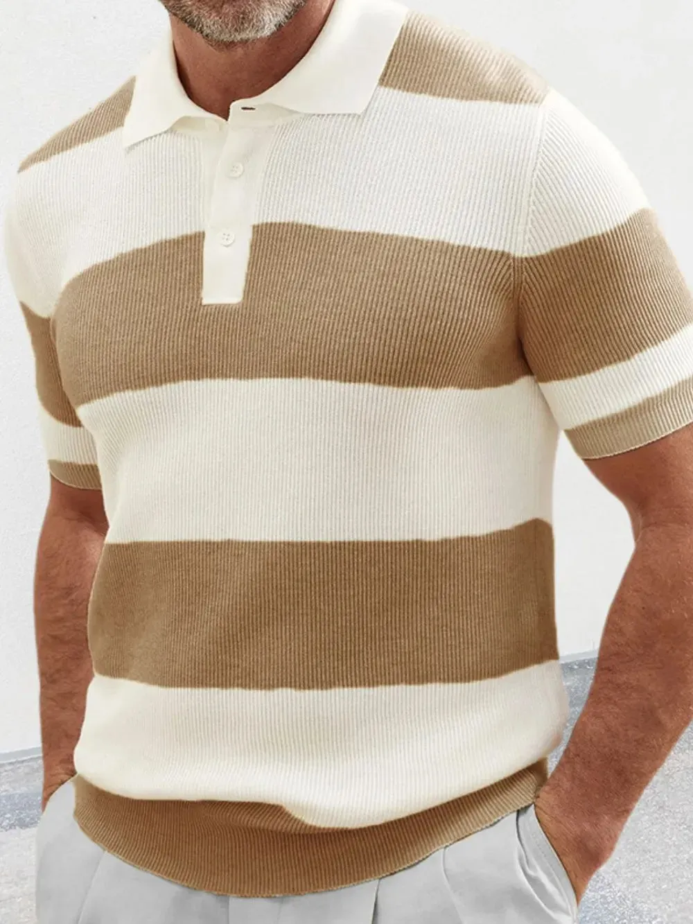 Men's Plus Size Collared Neck Striped Ribbed Knit Polo sold by Gigi Laurent
