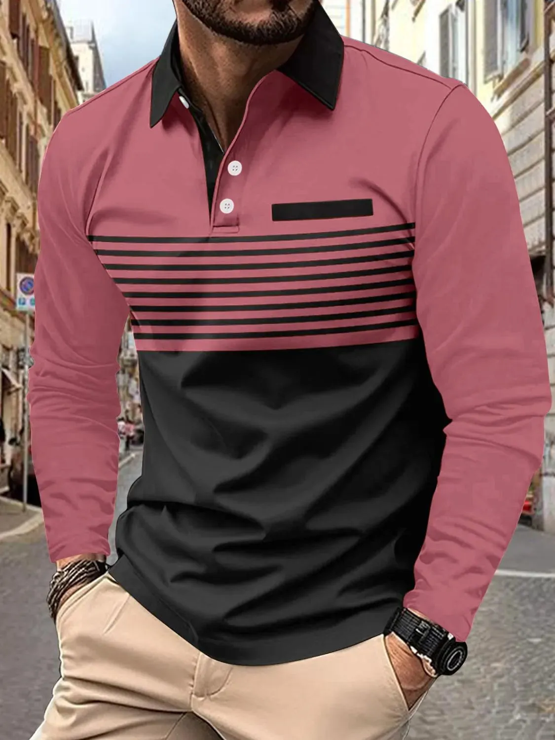 Men's Full Size Collared Neck Long Sleeve Striped Polo Plus Size sold by Gigi Laurent product image thumbnail 3