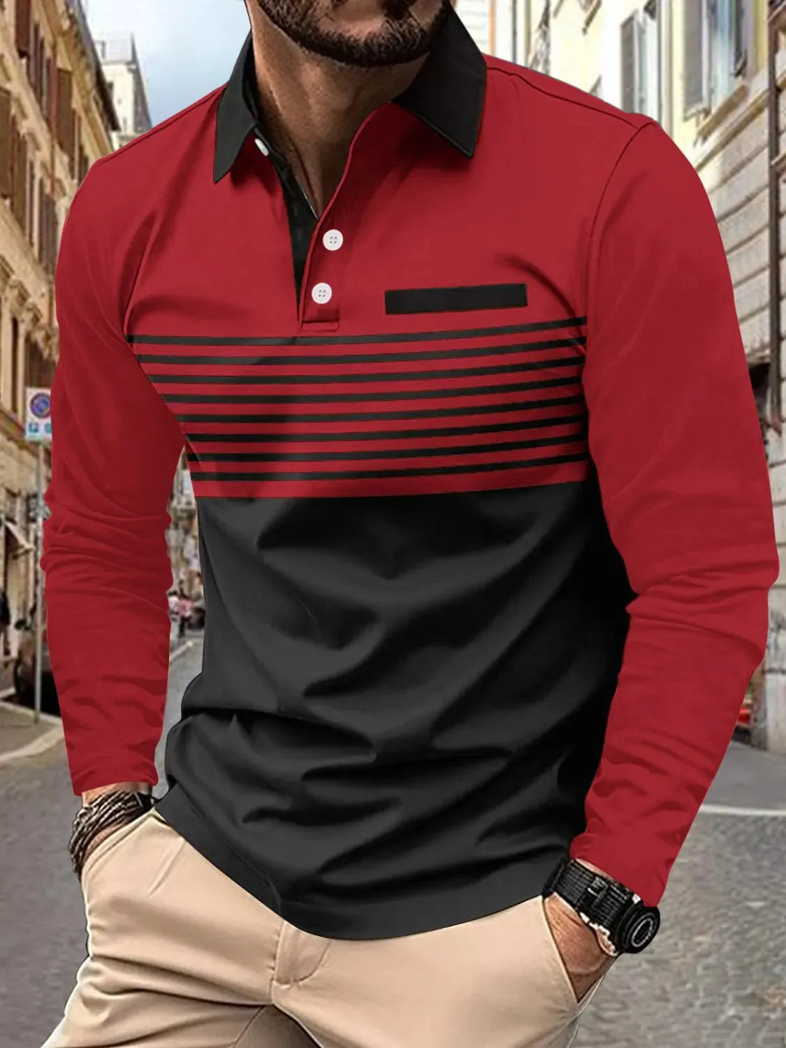 Men's Full Size Collared Neck Long Sleeve Striped Polo Plus Size sold by Gigi Laurent product image thumbnail 4