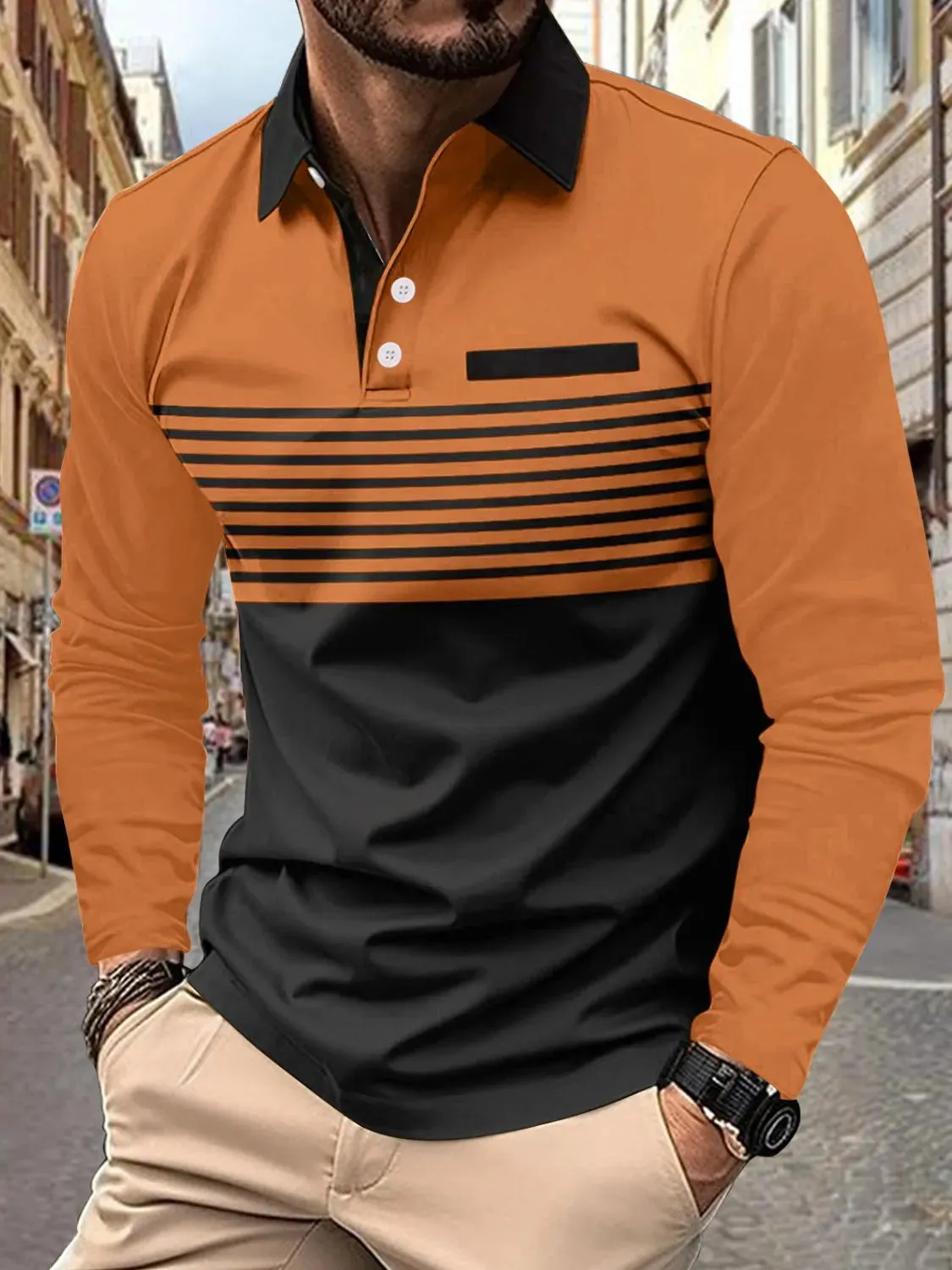 Men's Full Size Collared Neck Long Sleeve Striped Polo Plus Size sold by Gigi Laurent product image thumbnail 5