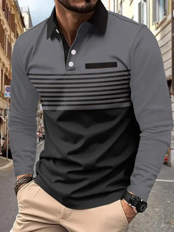 Men's Full Size Collared Neck Long Sleeve Striped Polo Plus Size sold by Gigi Laurent