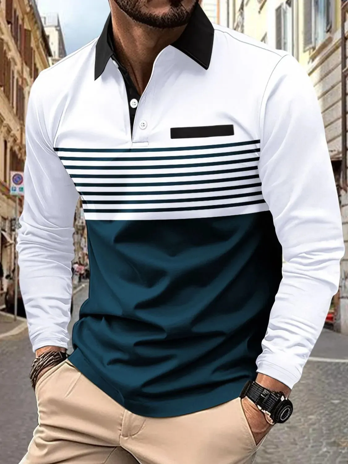 Men's Full Size Collared Neck Long Sleeve Striped Polo Plus Size sold by Gigi Laurent product image thumbnail 2