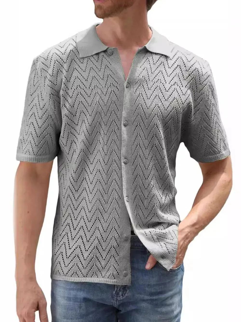 Men's Full Size Openwork Button Down Short Sleeve Shirt Plus Size sold by Gigi Laurent product image thumbnail 5