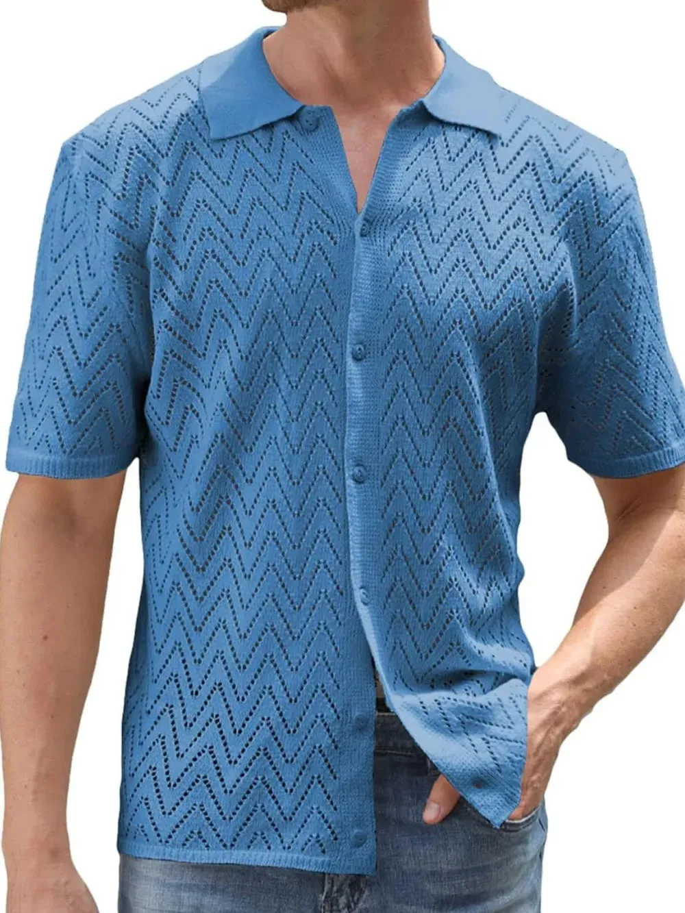 Men's Full Size Openwork Button Down Short Sleeve Shirt Plus Size sold by Gigi Laurent product image thumbnail 4