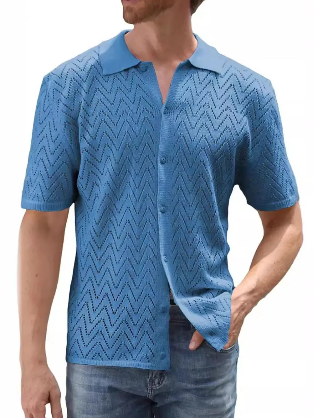 Men's Full Size Openwork Button Down Short Sleeve Shirt Plus Size sold by Gigi Laurent product image thumbnail 3