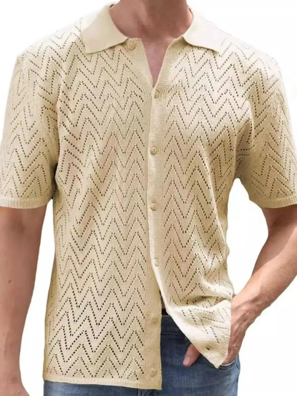Men's Full Size Openwork Button Down Short Sleeve Shirt Plus Size sold by Gigi Laurent product image thumbnail 2