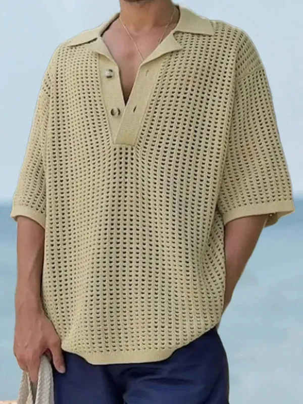 Men's Plus Size Openwork Collared Neck Quarter Button Knit Polo sold by Gigi Laurent