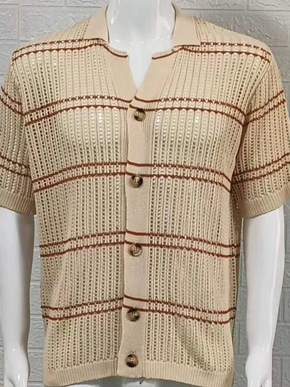 Men's Striped Collared Neck Hollow Out Shirt sold by Gigi Laurent product image thumbnail 3