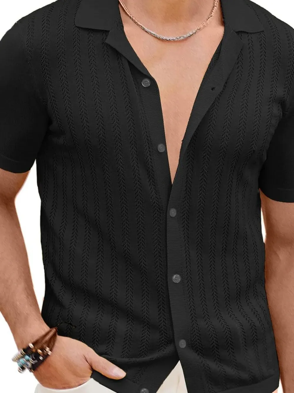Men's Full Size Openwork Button Down Short Sleeve Shirt Plus Size sold by Gigi Laurent product image thumbnail 2
