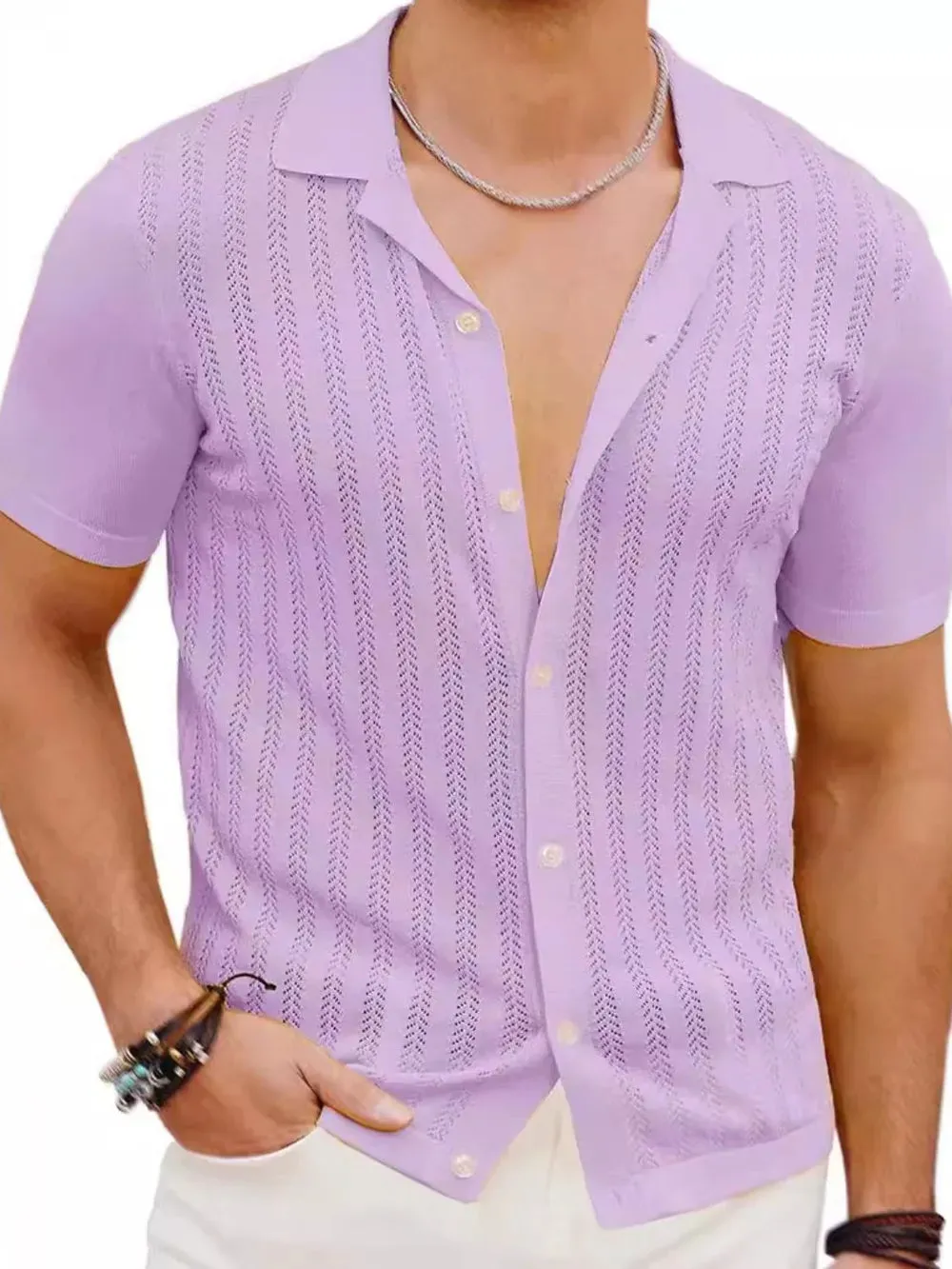Men's Full Size Openwork Button Down Short Sleeve Shirt Plus Size sold by Gigi Laurent product image thumbnail 5