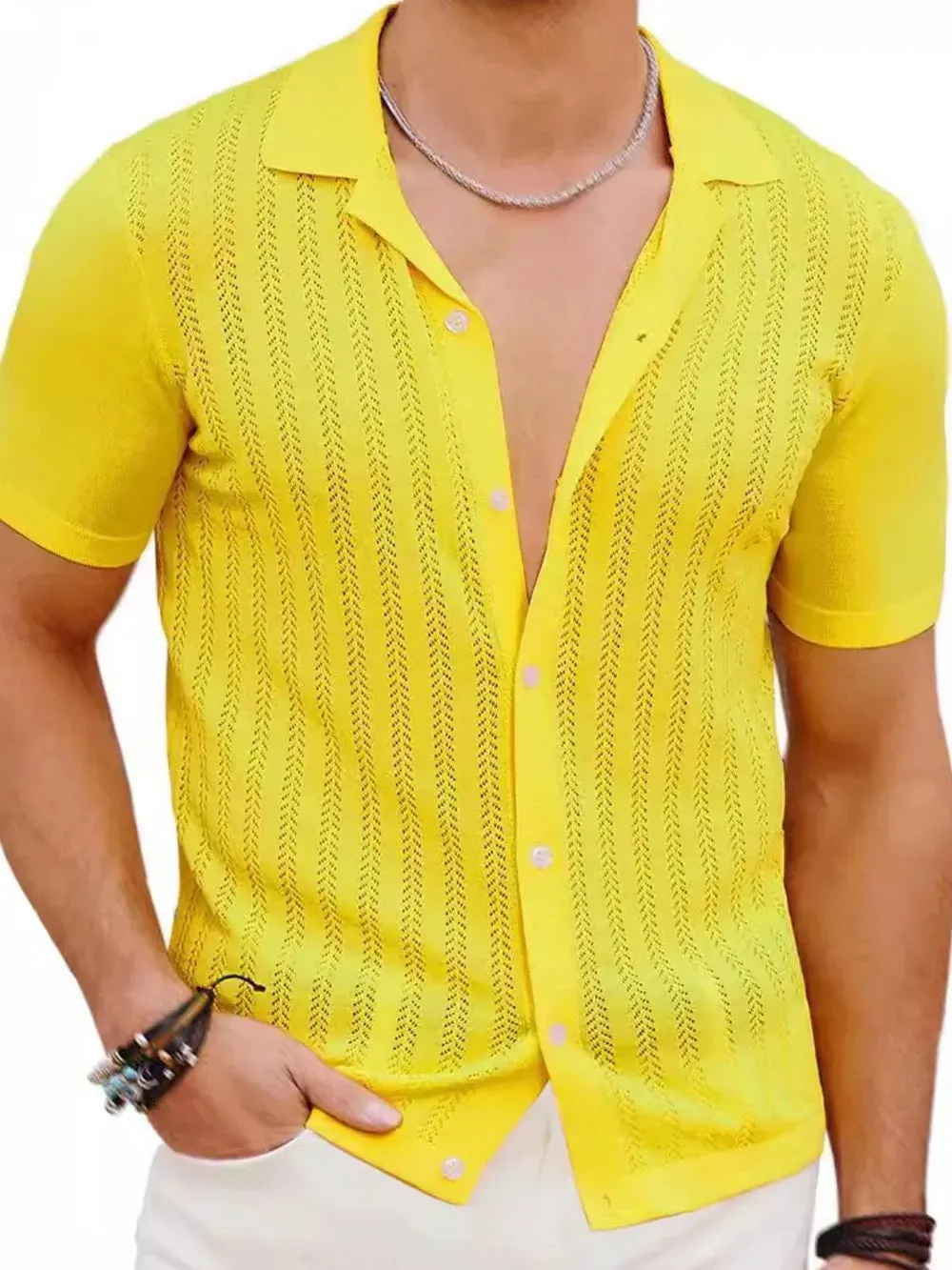 Men's Full Size Openwork Button Down Short Sleeve Shirt Plus Size sold by Gigi Laurent product image thumbnail 3