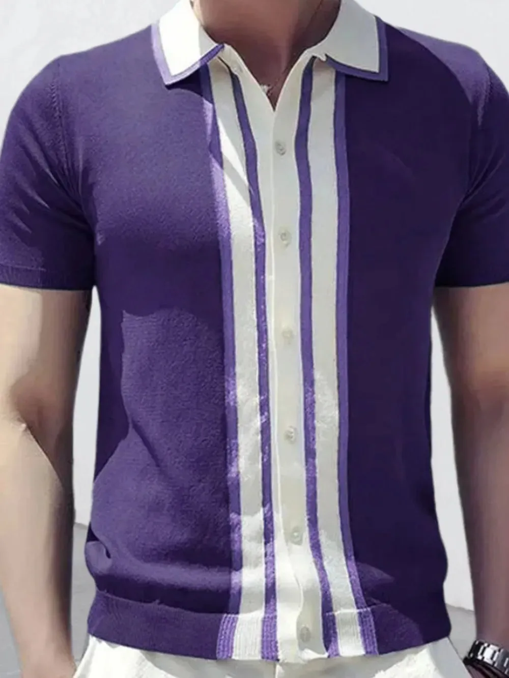 Men's Collared Neck Striped Contrast Knit Polo sold by Gigi Laurent
