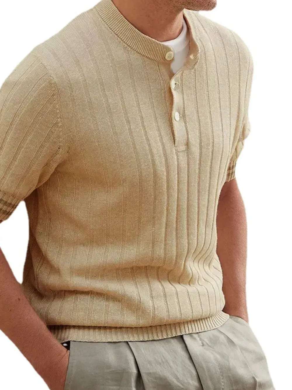 Men's Plus Size Ribbed Quarter Button Round Neck Striped Trim Polo sold by Gigi Laurent product image thumbnail 2