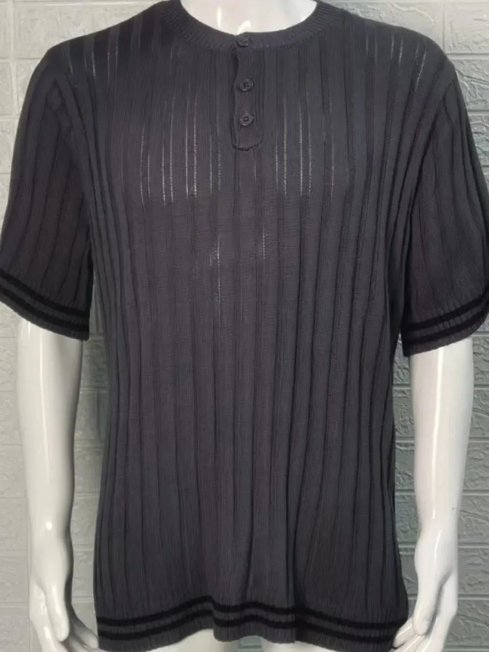 Men's Plus Size Ribbed Quarter Button Round Neck Striped Trim Polo sold by Gigi Laurent product image thumbnail 5