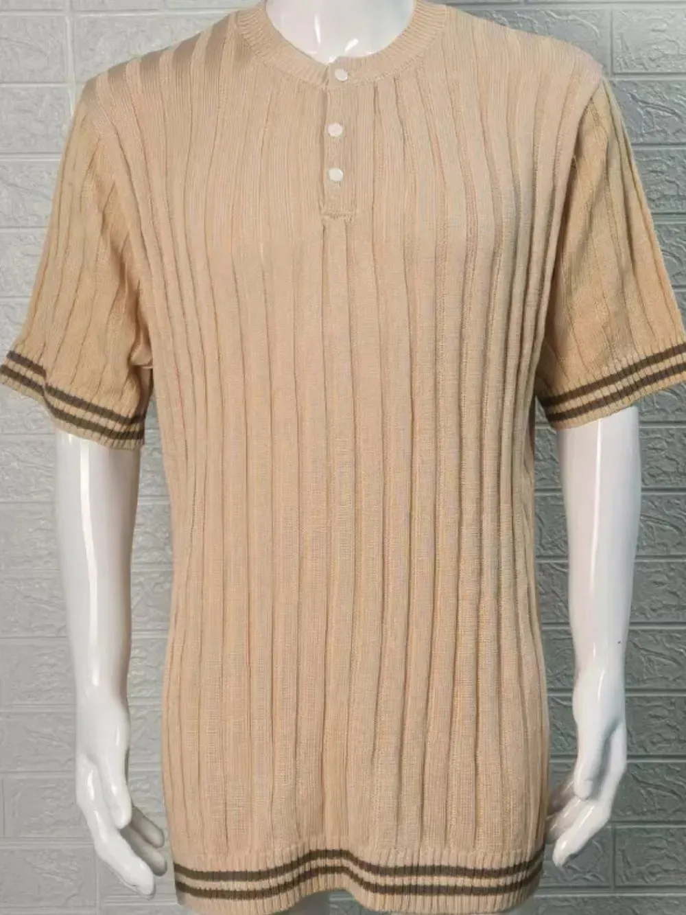 Men's Plus Size Ribbed Quarter Button Round Neck Striped Trim Polo sold by Gigi Laurent product image thumbnail 3
