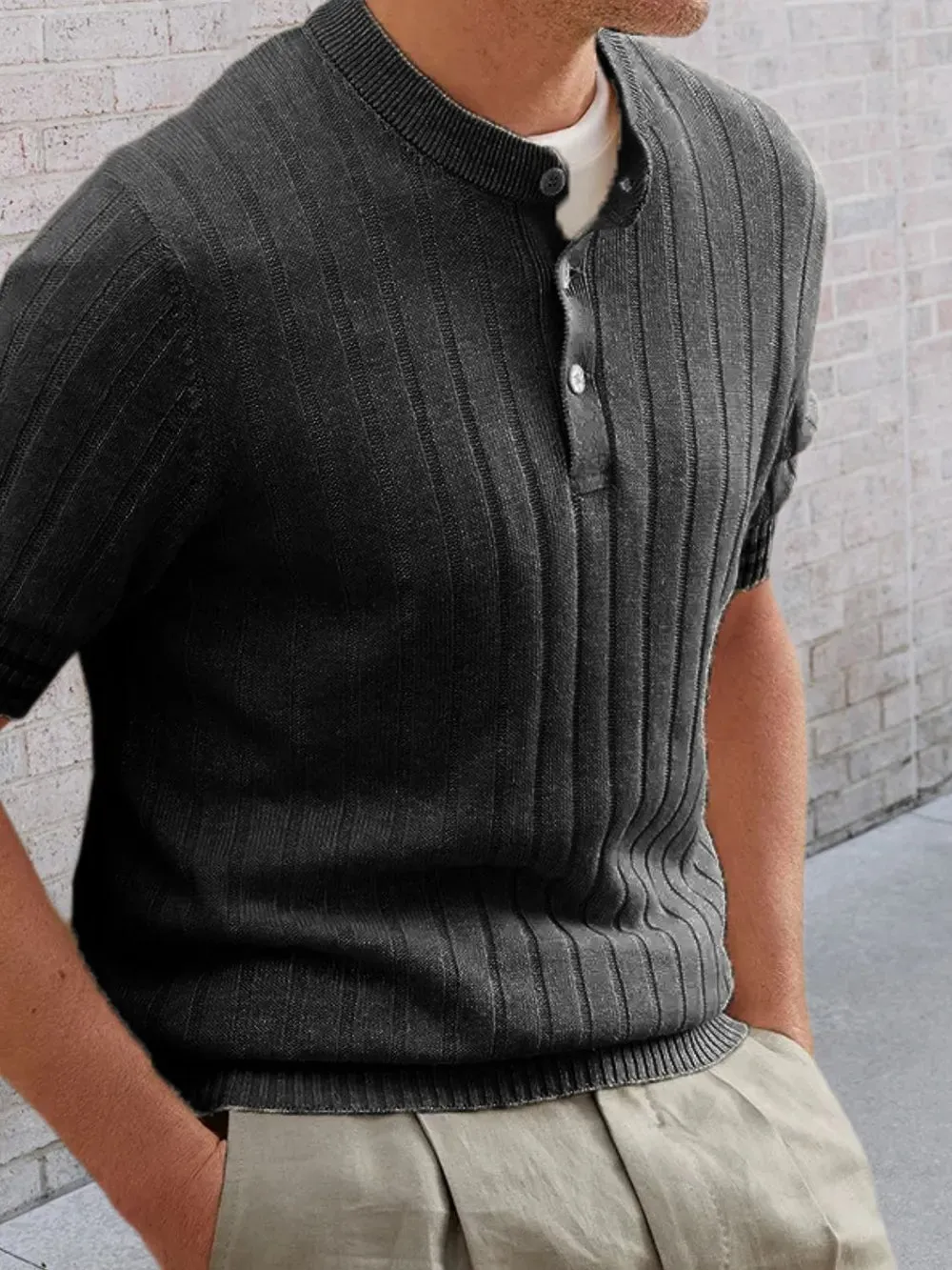 Men's Plus Size Ribbed Quarter Button Round Neck Striped Trim Polo sold by Gigi Laurent product image thumbnail 4