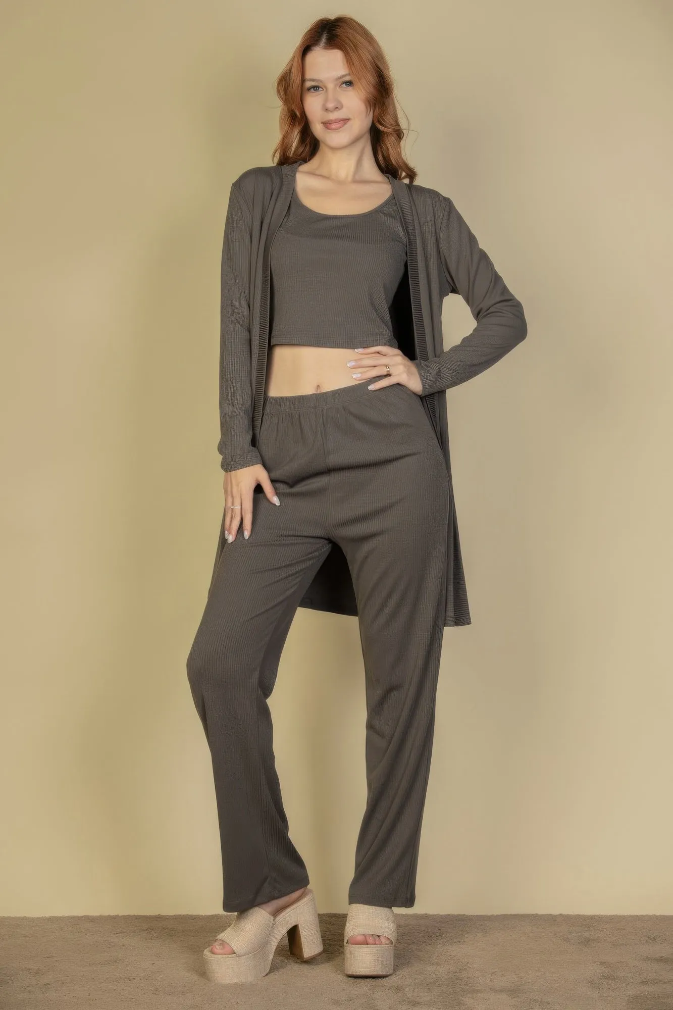 Flat Back Rib 3 Pieces Cami Top With Pants And Long Cardigan Set sold by Gigi Laurent product image thumbnail 4