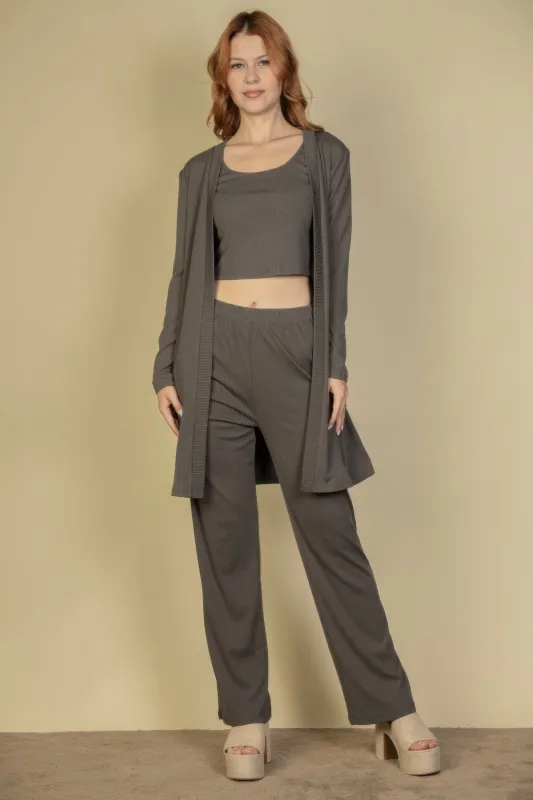 Flat Back Rib 3 Pieces Cami Top With Pants And Long Cardigan Set sold by Gigi Laurent