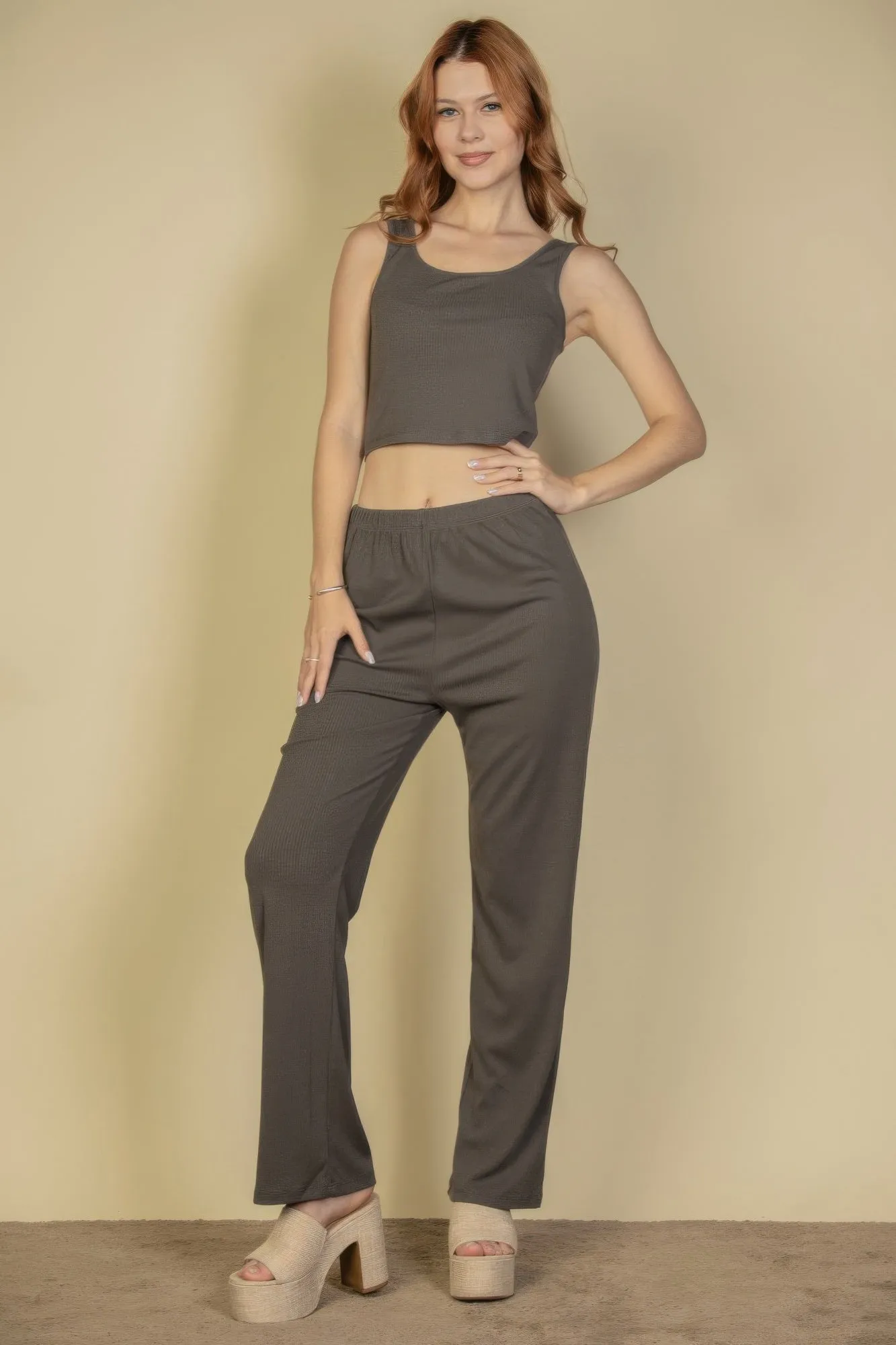 Flat Back Rib 3 Pieces Cami Top With Pants And Long Cardigan Set sold by Gigi Laurent product image thumbnail 5