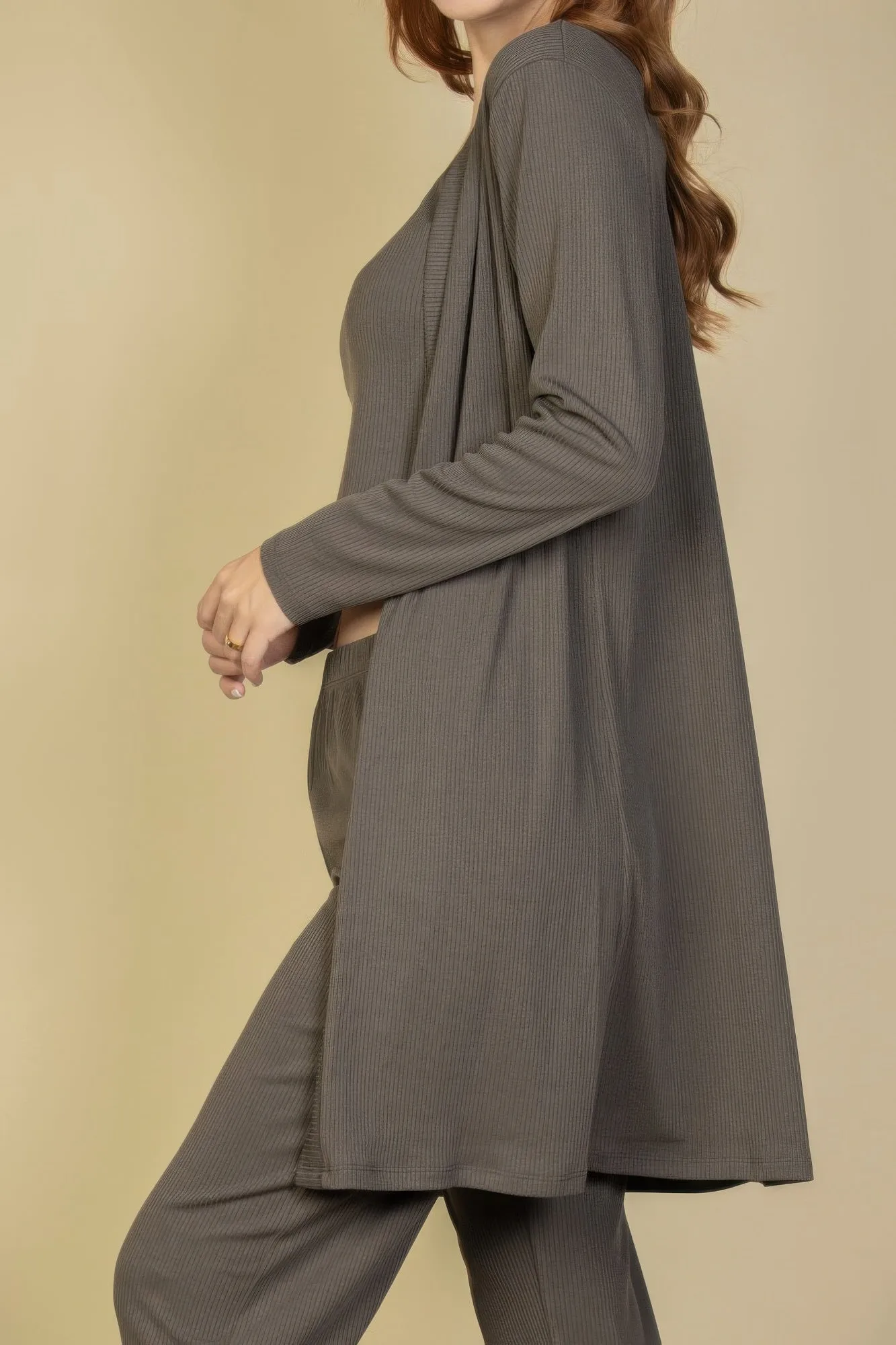 Flat Back Rib 3 Pieces Cami Top With Pants And Long Cardigan Set sold by Gigi Laurent product image thumbnail 3