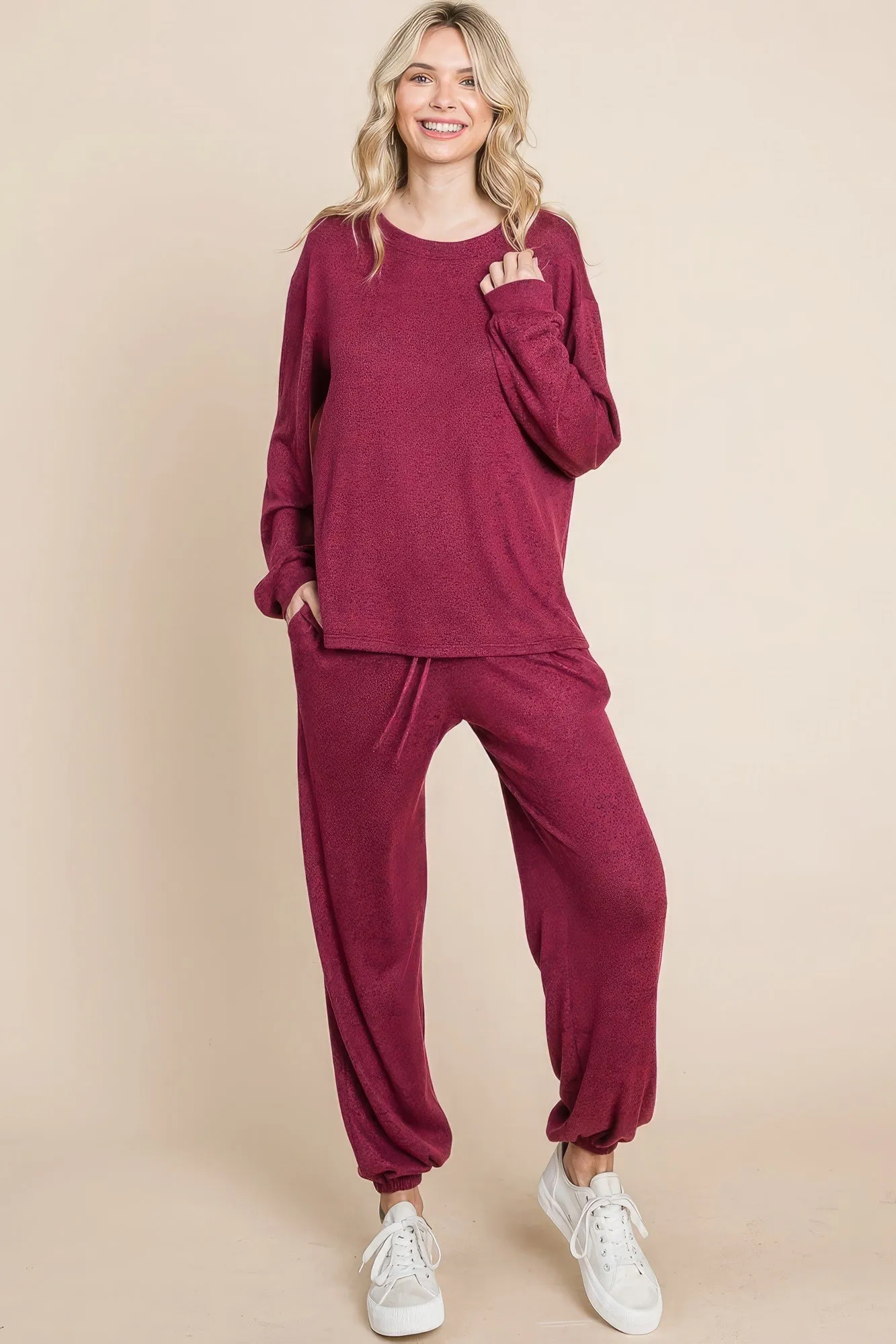 Two Tone Solid Warm And Soft Hacci Brush Loungewear Set sold by Gigi Laurent product image thumbnail 2