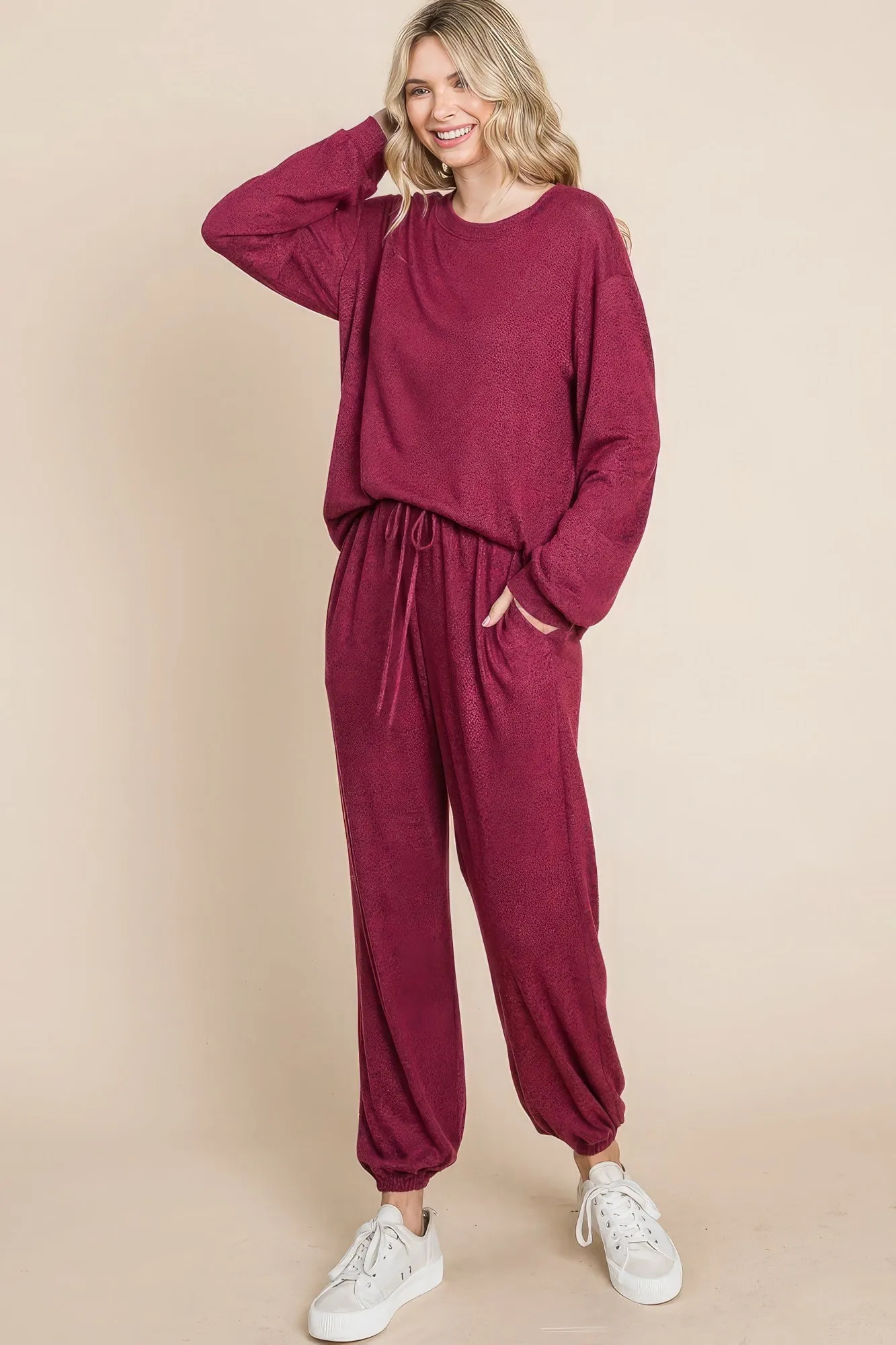 Two Tone Solid Warm And Soft Hacci Brush Loungewear Set sold by Gigi Laurent product image thumbnail 3