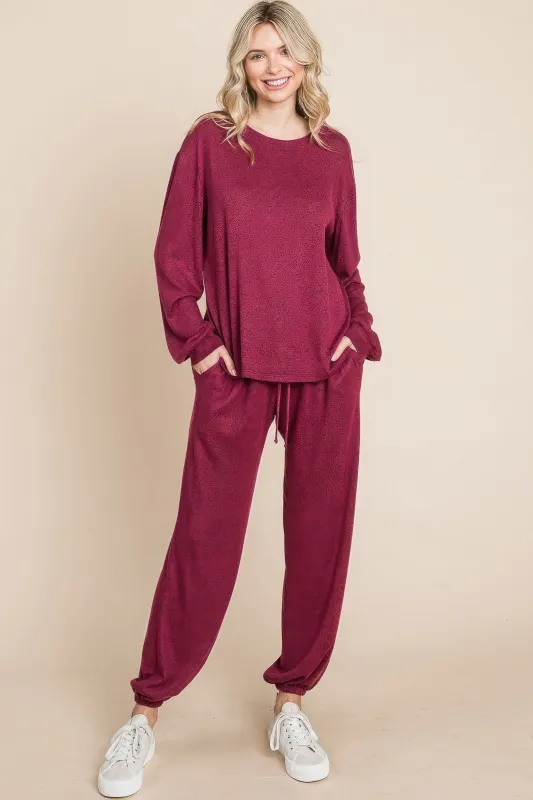 Two Tone Solid Warm And Soft Hacci Brush Loungewear Set made by Gigi Laurent
