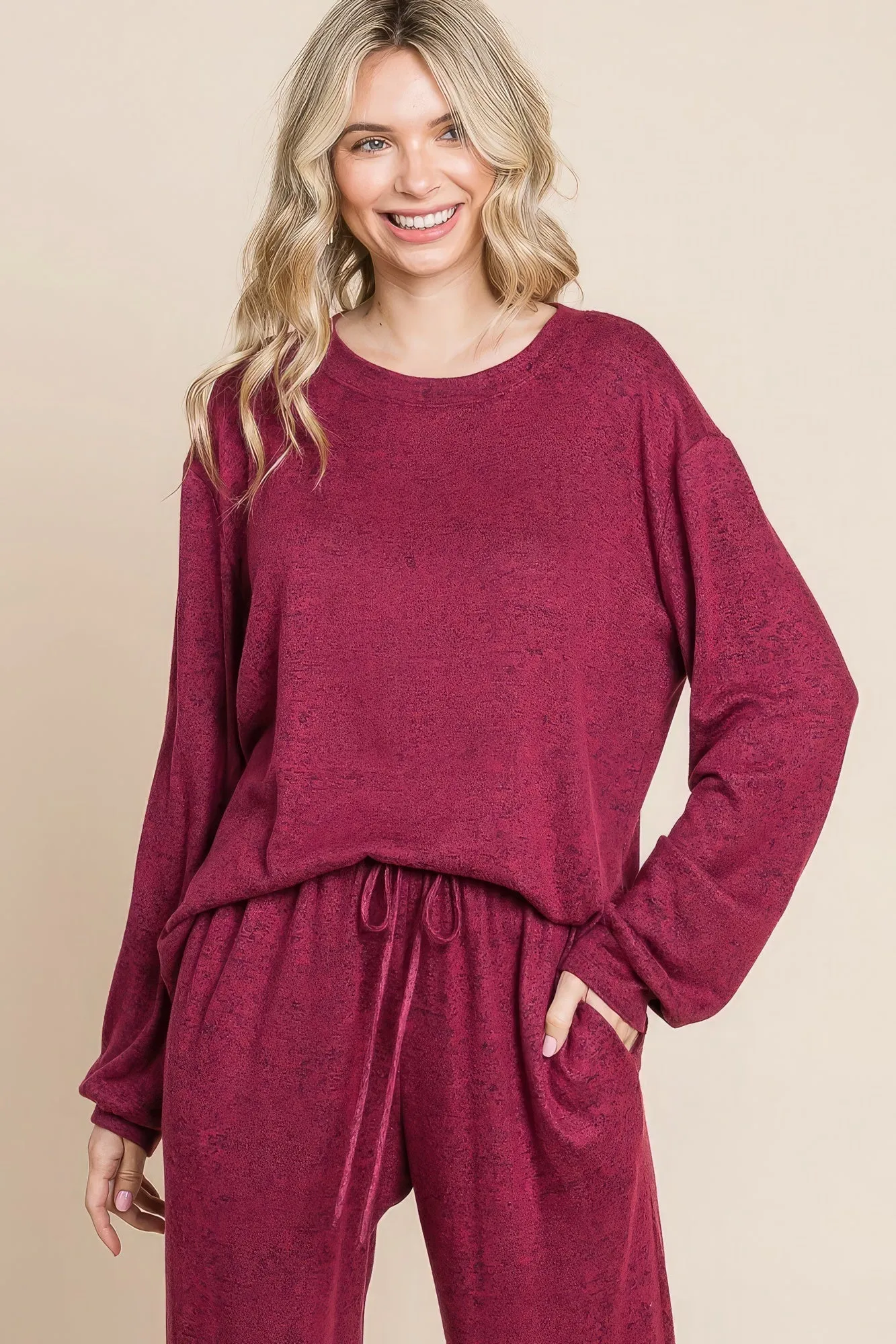 Two Tone Solid Warm And Soft Hacci Brush Loungewear Set sold by Gigi Laurent product image thumbnail 4