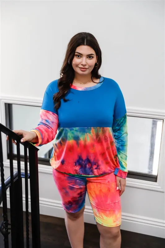 Plus Blue Neon Rainbow Tie-dye Colorblock Long Sleeve Top & Biker Shorts Set sold by Gigi Laurent