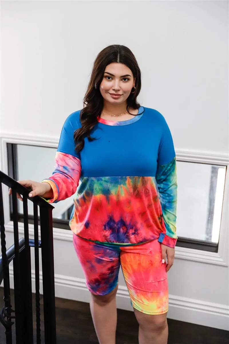 Plus Blue Neon Rainbow Tie-dye Colorblock Long Sleeve Top & Biker Shorts Set sold by Gigi Laurent