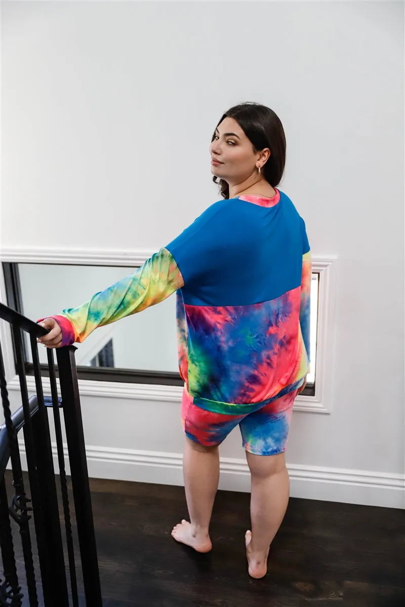 Plus Blue Neon Rainbow Tie-dye Colorblock Long Sleeve Top & Biker Shorts Set sold by Gigi Laurent product image thumbnail 3