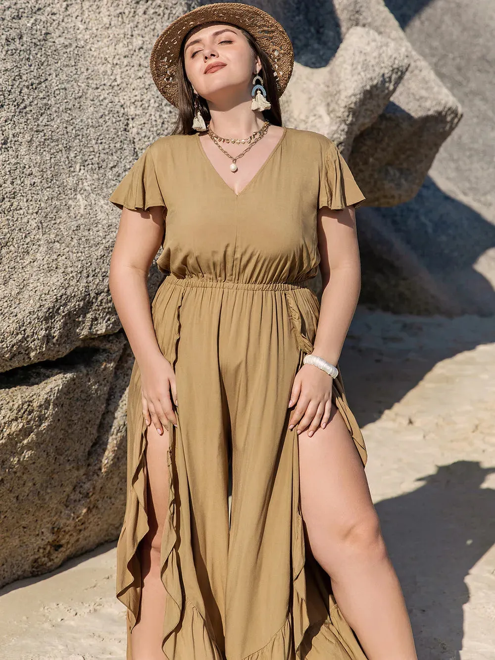 Plus Size Slit Ruffled V-Neck Jumpsuit sold by Gigi Laurent product image thumbnail 4