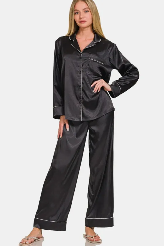 Zenana Satin Long Sleeve Shirt and Pants Pajama Set sold by Gigi Laurent