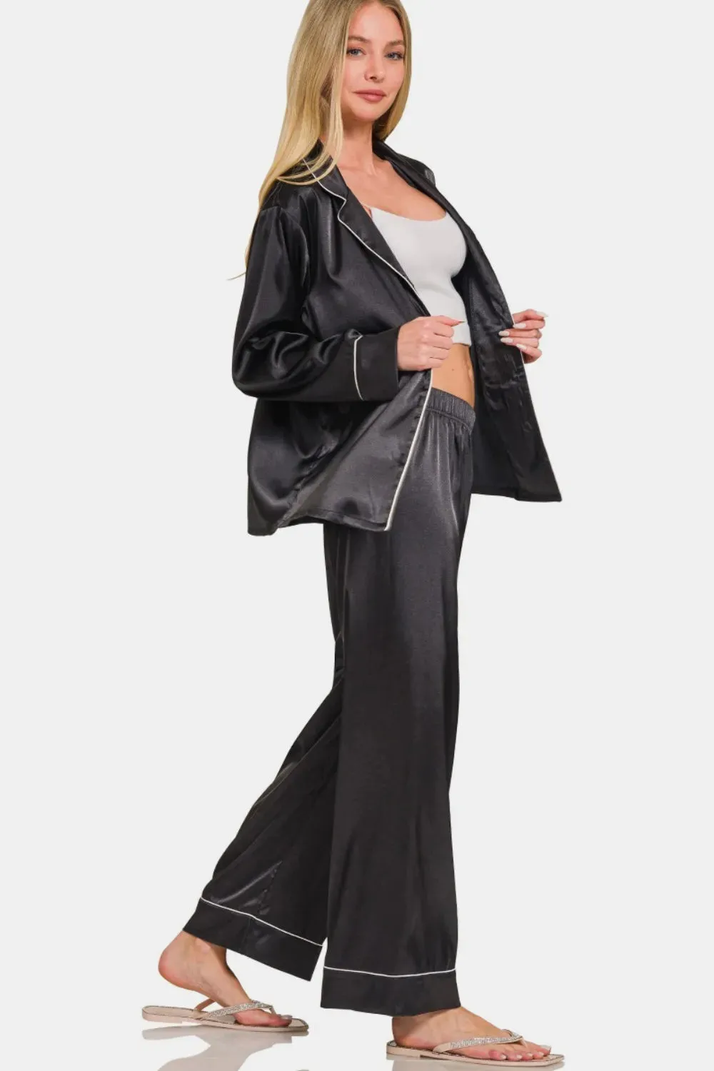 Zenana Satin Long Sleeve Shirt and Pants Pajama Set sold by Gigi Laurent product image thumbnail 2