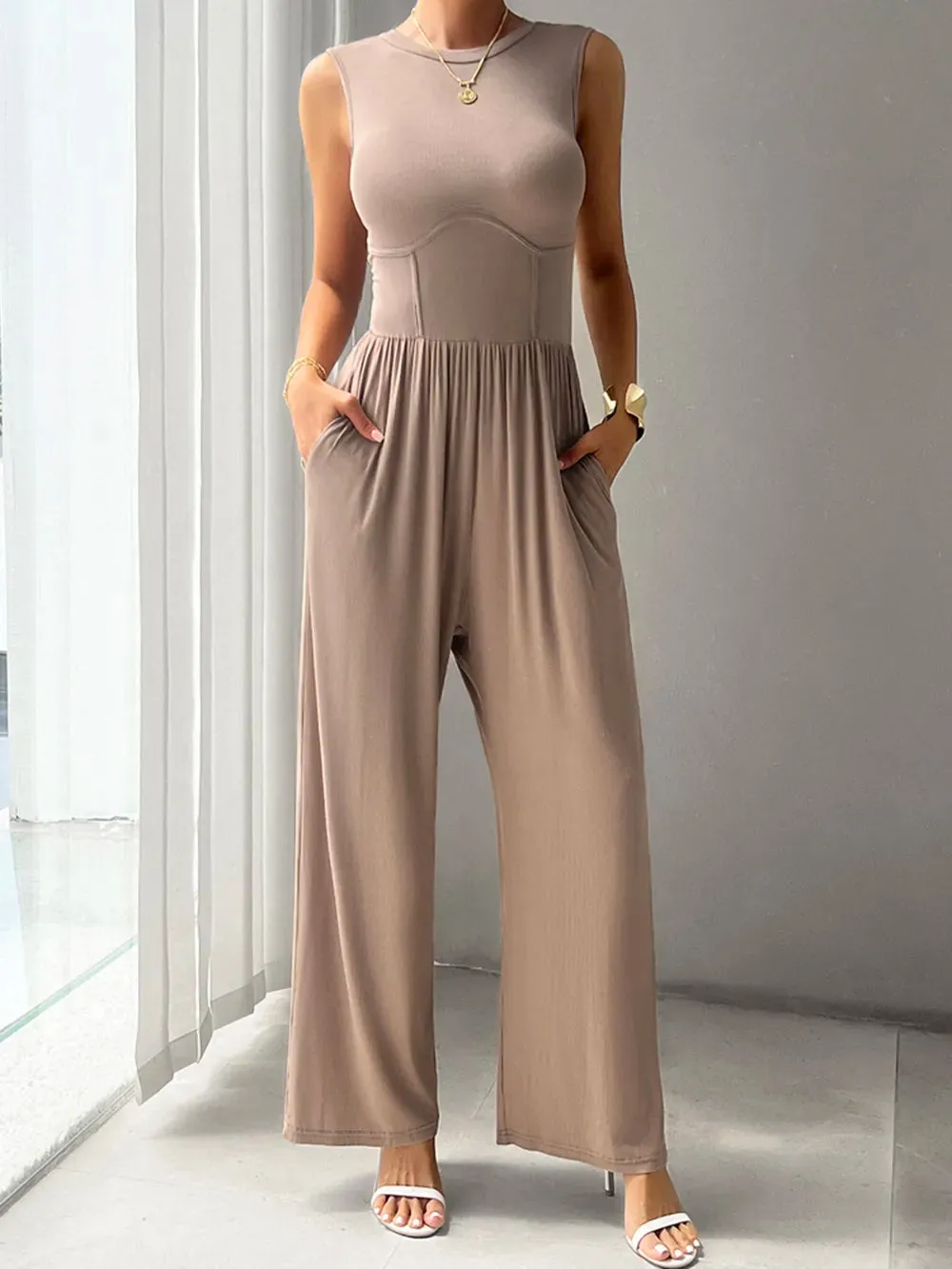 Devine Round Neck Sleeveless Wide Leg Jumpsuit sold by Gigi Laurent product image thumbnail 4