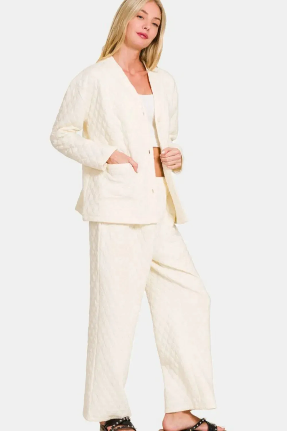 Zenana Quilted Button Up Long Sleeve Top and Pants Lounge Set sold by Gigi Laurent product image thumbnail 2