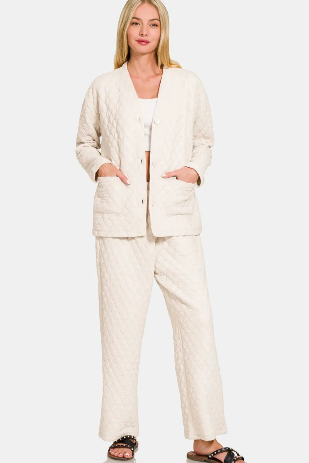 Zenana Quilted Button Up Long Sleeve Top and Pants Lounge Set sold by Gigi Laurent