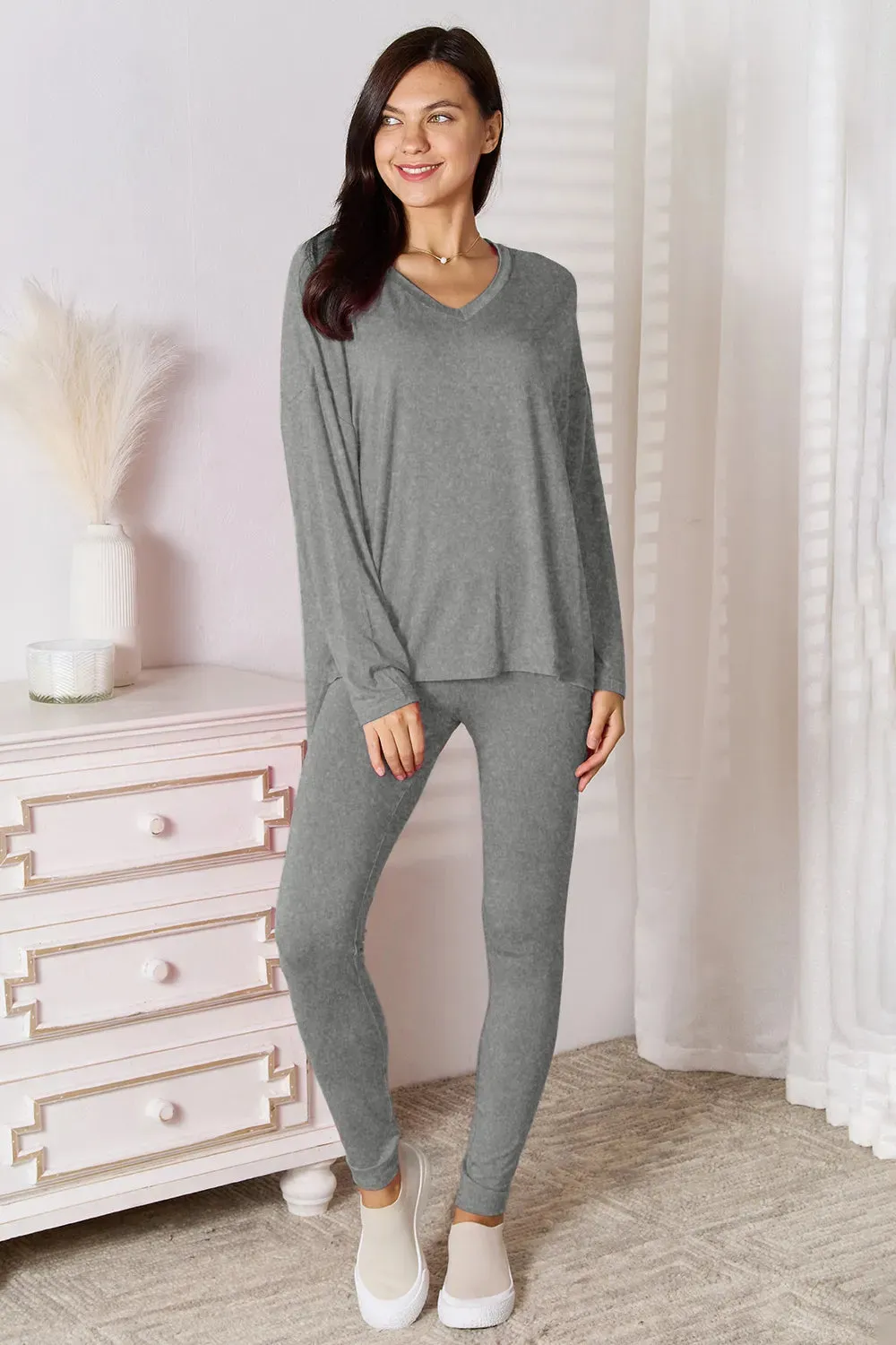 Basic Bae Bamboo Full Size V-Neck Long Sleeve Top and Pants Lounge Set sold by Gigi Laurent