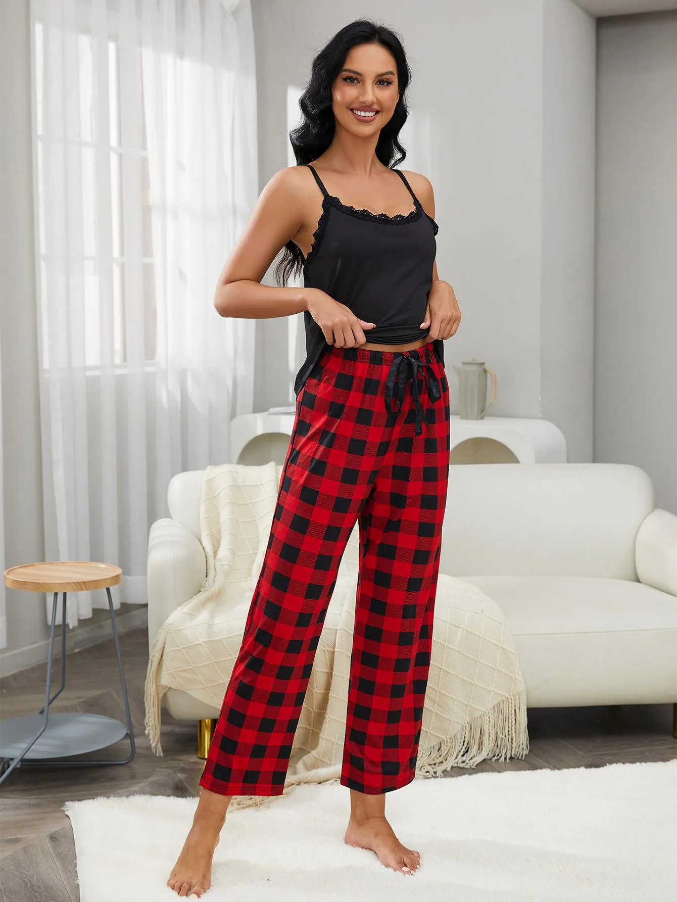Lace Trim Cami and Plaid Pants Lounge Set sold by Gigi Laurent product image thumbnail 5