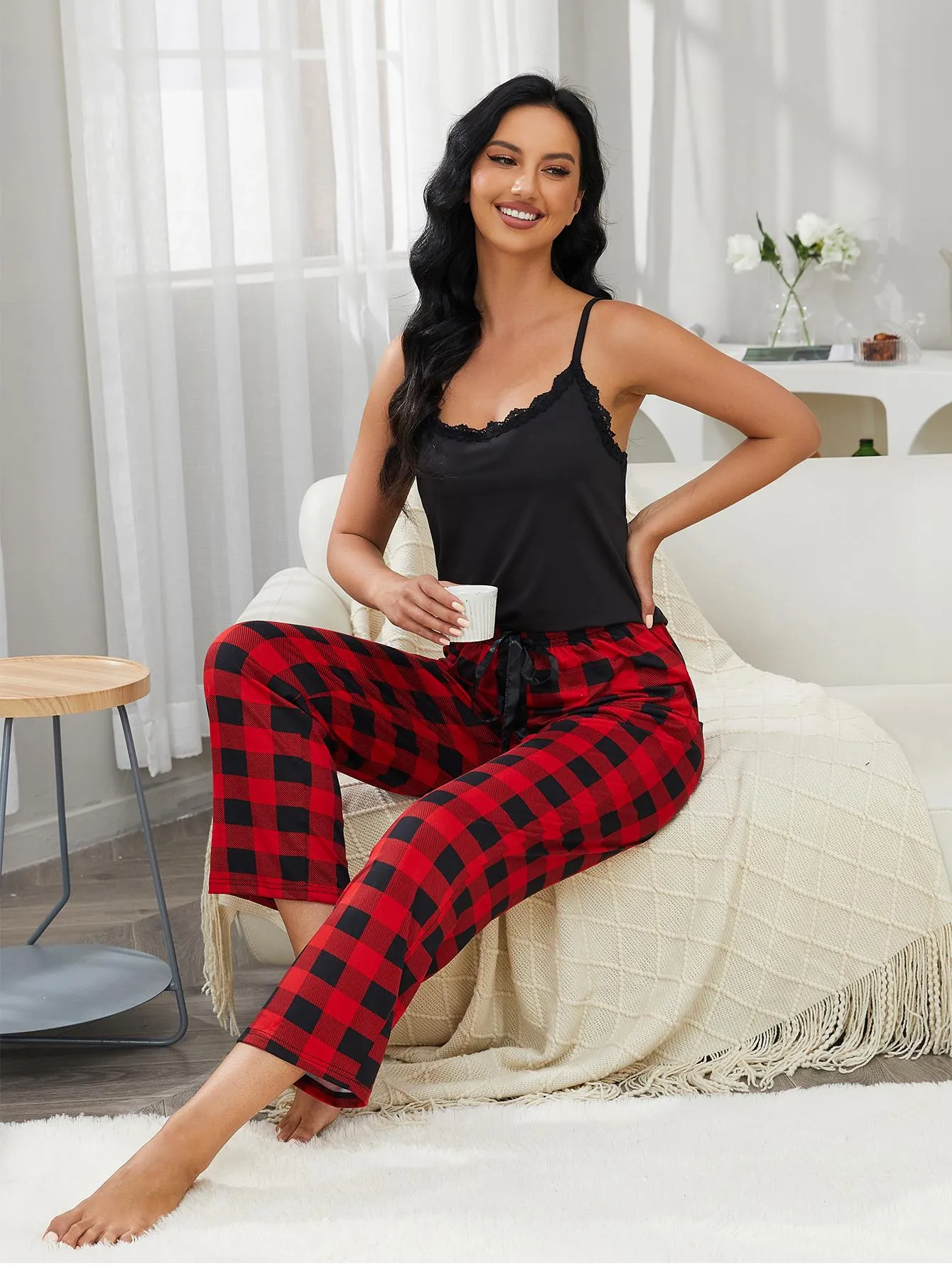 Lace Trim Cami and Plaid Pants Lounge Set sold by Gigi Laurent product image thumbnail 3