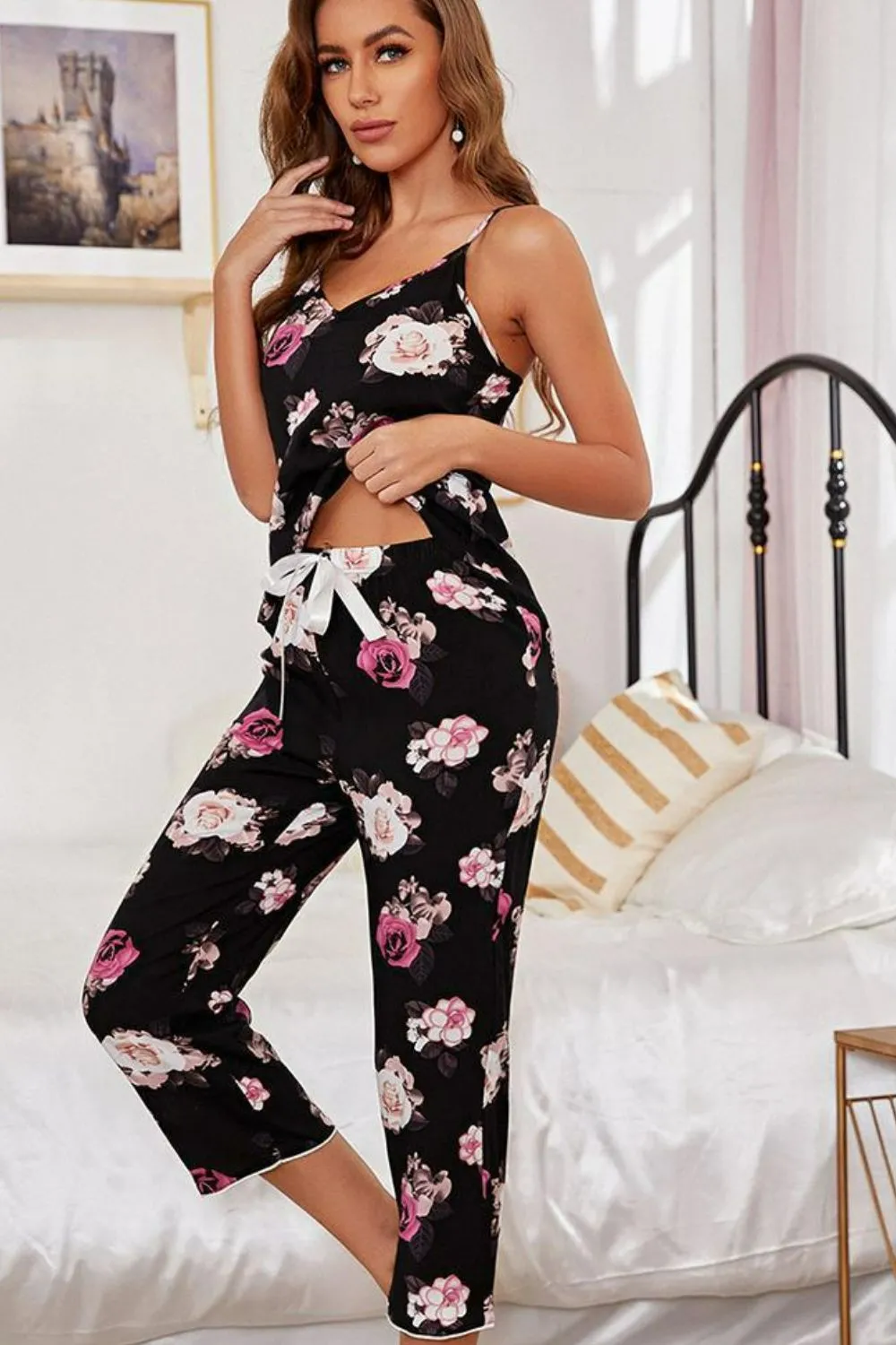 Floral V-Neck Cami and Cropped Pants Lounge Set sold by Gigi Laurent product image thumbnail 3