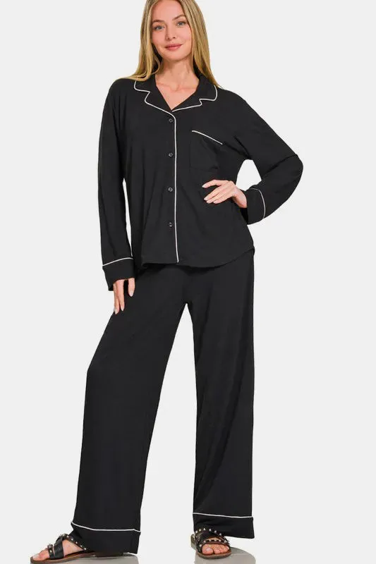 Zenana Button Down Long Sleeve Top and Pants Lounge Set sold by Gigi Laurent product image thumbnail 3