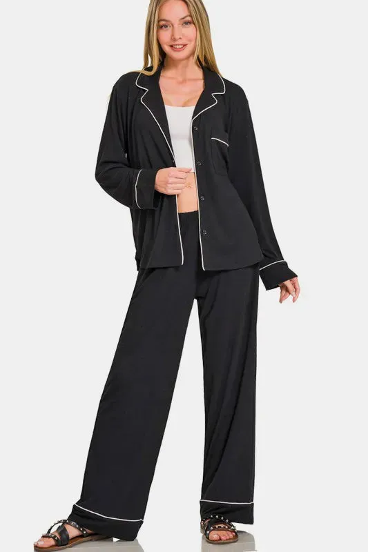 Zenana Button Down Long Sleeve Top and Pants Lounge Set sold by Gigi Laurent product image thumbnail 2
