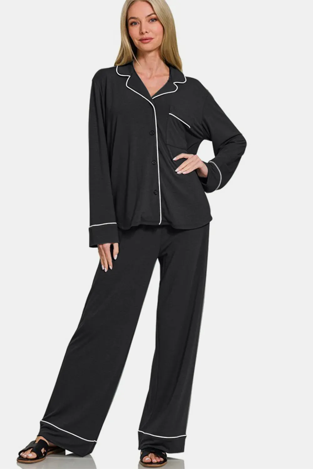Zenana Button Down Long Sleeve Top and Pants Lounge Set sold by Gigi Laurent