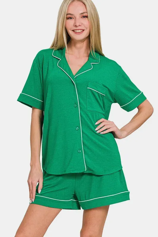 Zenana Button Down Short Sleeve Top and Shorts Lounge Set sold by Gigi Laurent