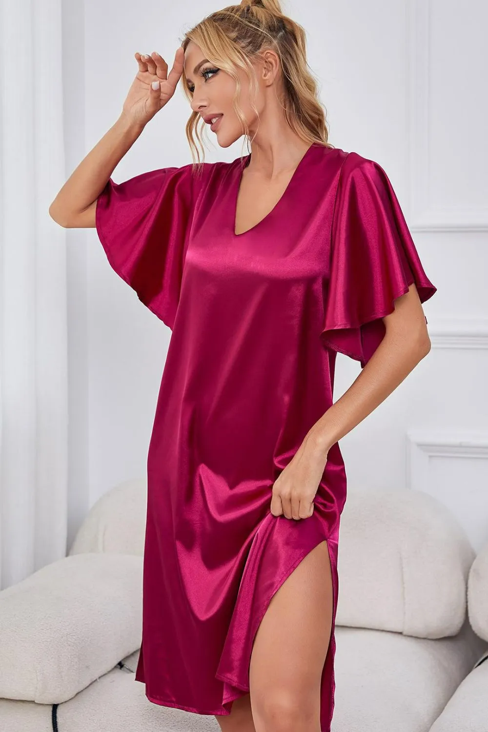 Satin Flutter Sleeve Side Slit V-Neck Night Dress sold by Gigi Laurent product image thumbnail 3