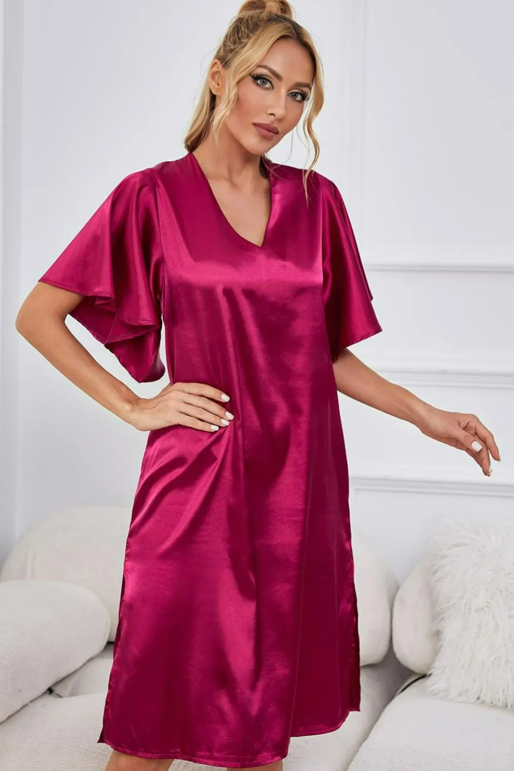 Satin Flutter Sleeve Side Slit V-Neck Night Dress sold by Gigi Laurent product image thumbnail 4